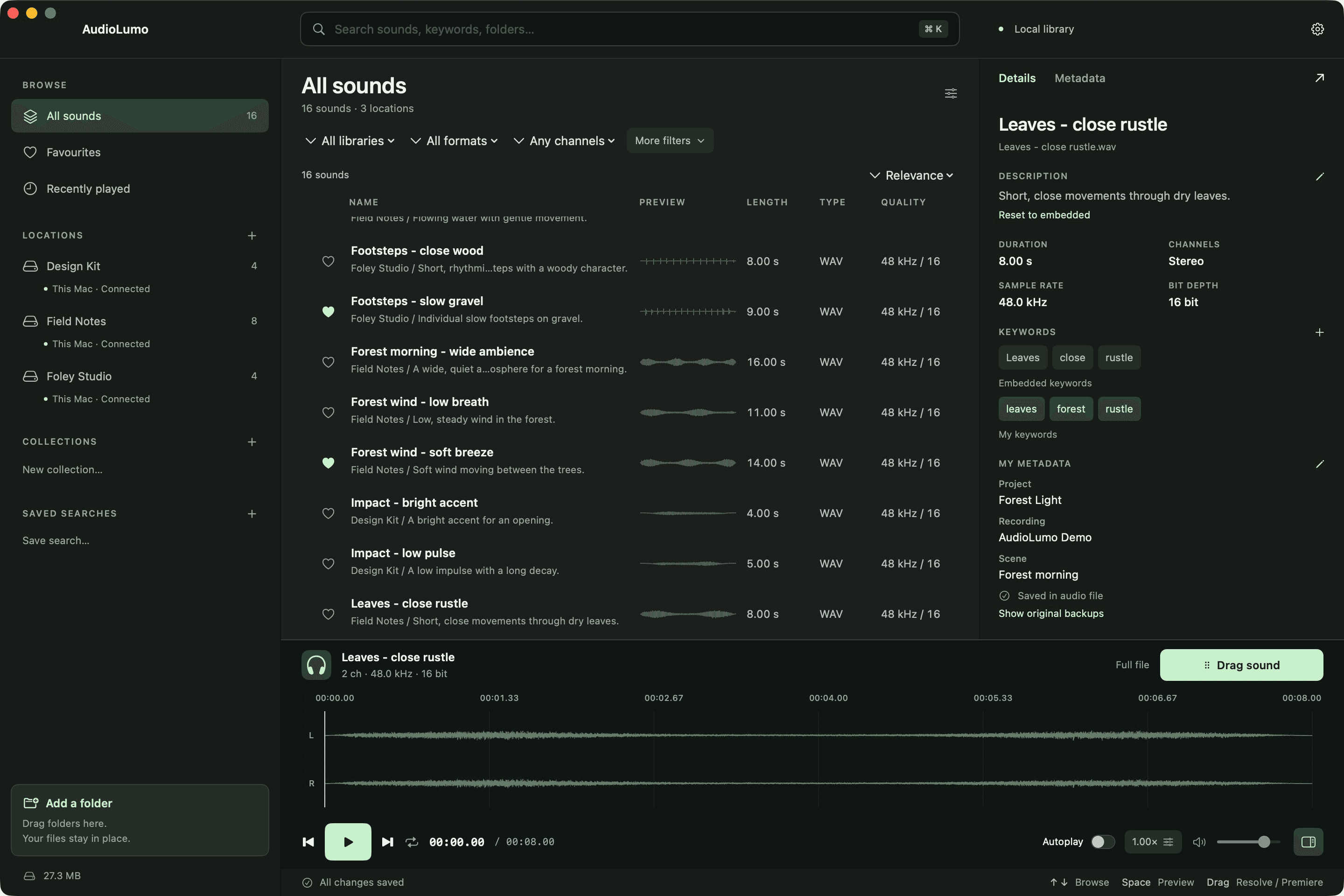 The AudioLumo Mac app with a folder library, sound list, waveform player and custom metadata