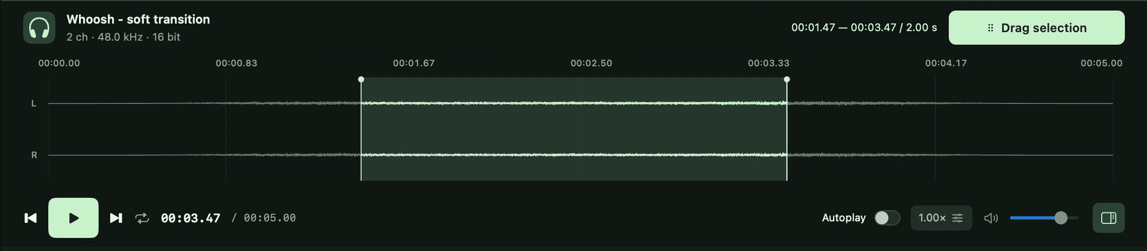 AudioLumo waveform player with a selected audio range and WAV export controls